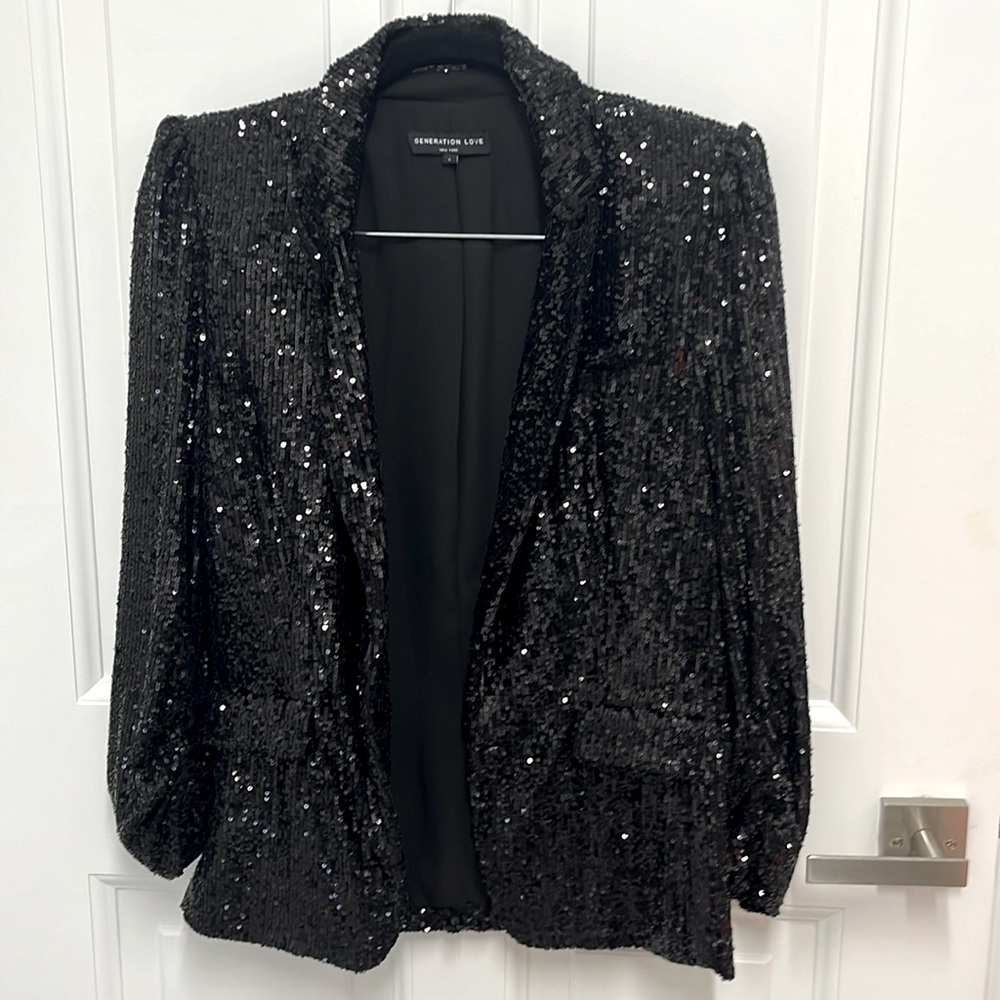 Generation love black sequin blazer with ruched sleeves at cuff size large